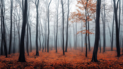 Fototapeta premium A foggy autumn forest with tall, bare trees and a ground covered in vibrant orange leaves, creating a mysterious, tranquil atmosphere. 