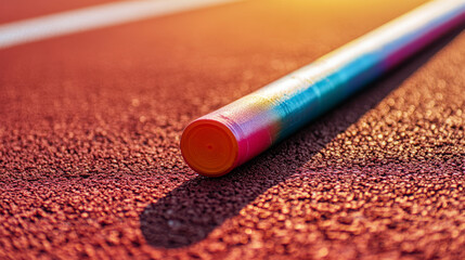 Close-up of a multicolored relay baton resting on a red track surface, symbolizing teamwork and athletic competition.
