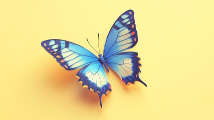 A blue butterfly with orange accents sits on a yellow background.