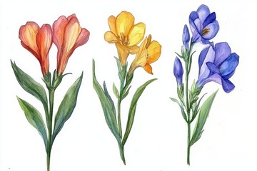 Trio of watercolor flowers in vibrant hues