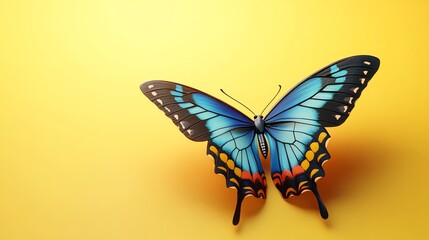 Fototapeta premium A colorful butterfly with blue wings rests on a yellow background.