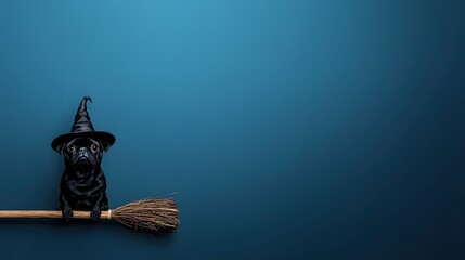 A black pug wears a pointed witch hat while perched on a broomstick, with a solid blue background. Animals in Wizard or Witch Costumes Concept