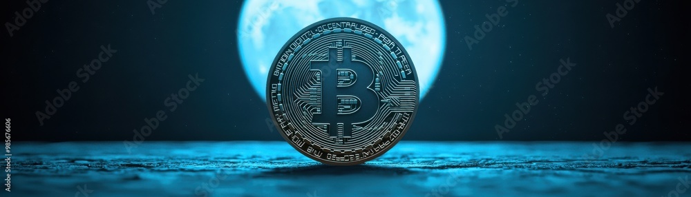 Poster a glowing bitcoin in front of a full moon, symbolizing cryptocurrency's rise in the digital age and 