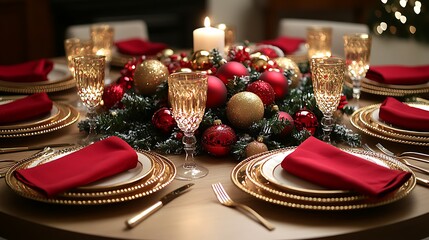 A luxurious Christmas table decorated with red napkins, gold-rimmed plates, and shimmering gold candle holders, a festive centerpiece of red and gold ornaments, soft candlelight casting a warm glow,