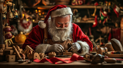 santa claus working in workshop making toys - christmas eve