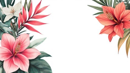 Watercolor Tropical Floral Border with Pink and Red Flowers.
