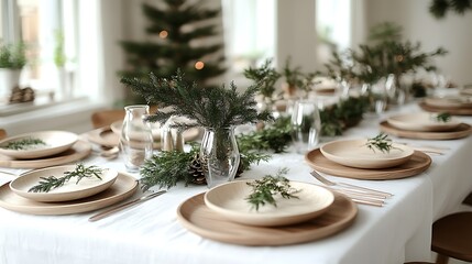 Fototapeta premium A minimalist Nordic Christmas table set with white linens, simple wooden plates, and sprigs of greenery in clear glass vases, soft natural light filtering in, clean and serene design,