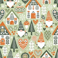 Seamless vector pattern with cute nordic Christmas gnomes and gingerbread houses and. Hand drawn Christmas gingerbread village. EPS 10 vector file. Perfect for textile, wallpaper or print design. © MirabellePrint