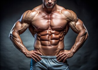 Fototapeta premium Fit, muscular male torso showcases prominent pectoral muscles, toned and defined, radiating power and symmetry, with a