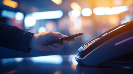 A man is using a cell phone to pay for something. Concept of modern technology and convenience, as the man is able to make a payment using his phone instead of cash or a physical card