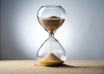 Five minute hourglass timer on a white background with sand flowing through narrow neck