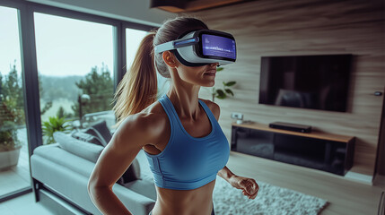 A woman wearing a white tank top and black pants is running on a treadmill. She is wearing a virtual reality headset