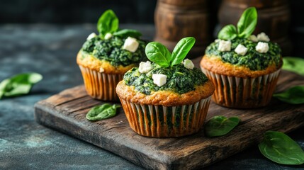 Savory spinach feta muffins on rustic wooden board