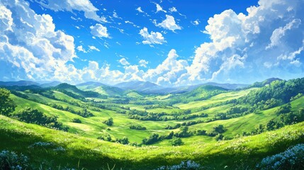 A vibrant anime landscape with rolling green hills and a deep blue sky, capturing the tranquility of nature.