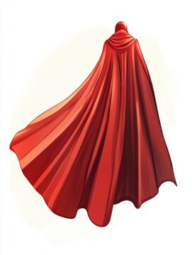 Using a red hero cape label. An empty white badge with a super hero, power man cloak. Cartoon modern mockup with the hero wearing a cloak cloak for a discount banner. Illustration of a child's