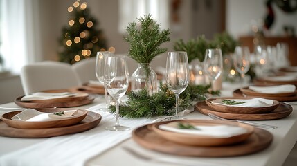 Fototapeta premium A serene Nordic minimalist Christmas table, white linens paired with wooden plates, delicate greenery in glass vases, natural light and clean lines creating a peaceful and understated holiday setting,