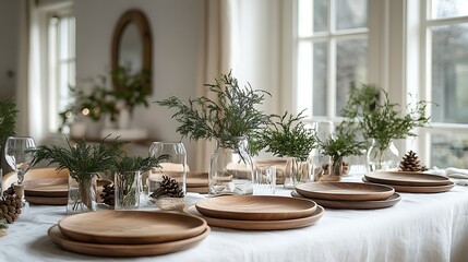 Obraz premium A serene Nordic minimalist Christmas table, white linens paired with wooden plates, delicate greenery in glass vases, natural light and clean lines creating a peaceful and understated holiday setting,