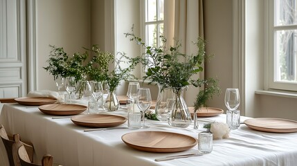 A serene Nordic minimalist Christmas table, white linens paired with wooden plates, delicate greenery in glass vases, natural light and clean lines creating a peaceful and understated holiday setting,