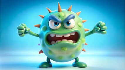 Angry cartoon virus character with spikes and expressive face on a bright blue background for educational purposes.