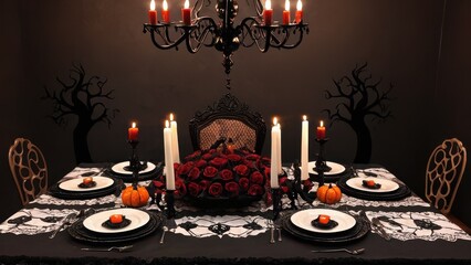 An elegant yet eerie gothic dining room, with black candles, skull-adorned chairs, and dark red roses as the centerpiece, creating a perfect haunted dinner party atmosphere