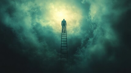 A lone figure climbs a ladder into a bright light in a stormy sky.
