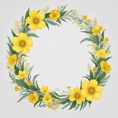 Obraz premium wreath of yellow flowers with green leaves, illustration