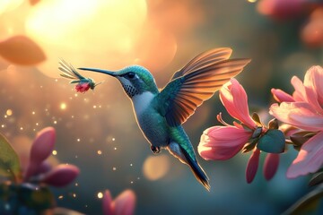 Obraz premium A vibrant hummingbird hovers mid-air with its beak extended towards a delicate pink flower. The background is a soft bokeh of warm light and blurred pink blossoms.