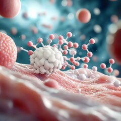 Close-up of a virus interacting with cells, showcasing intricate details of molecular structures and vibrant colors.