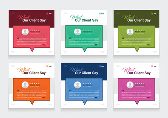 Clean and modern client testimonial banner set template. customer review social media post bundle carousel template design.