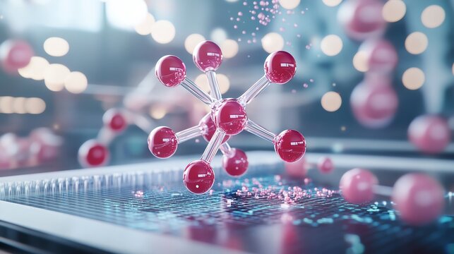 An abstract representation of a molecular structure, showcasing vibrant colors and a dynamic, futuristic design.