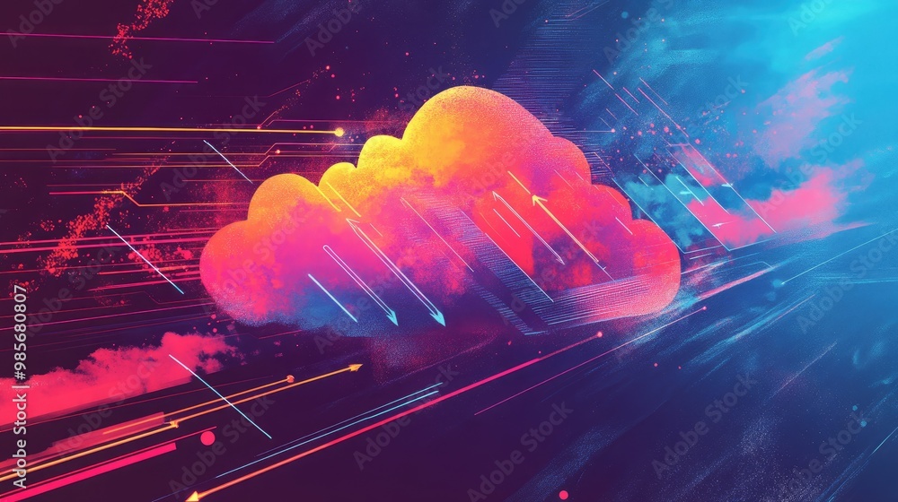 Poster an abstract cloud illustration with arrows and lines symbolizing digital transformation in business.