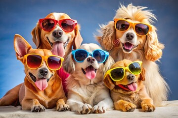 Four dogs in a playful pile wear bright blue, fiery red, sunshine yellow, and radiant green sunglasses, basking