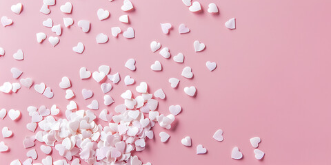 Scattered Heart-Shaped Sprinkles on Pink Background