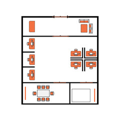 Office floor plan with desks, meeting table, and lounge area. Flat design top view layout for workspace planning concept.