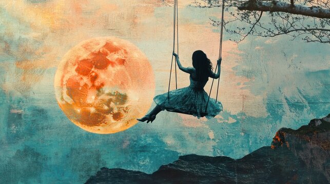 Silhouette of woman on swing with a large orange moon behind her, painted in a textured style.
