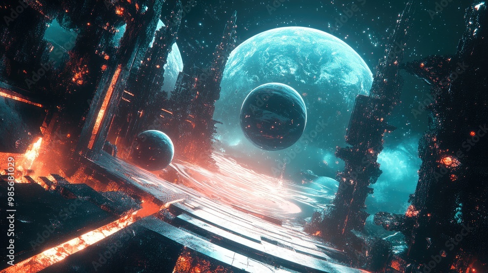 Poster an abstract space scene with glowing planets and futuristic structures, creating a sci-fi ambient fe