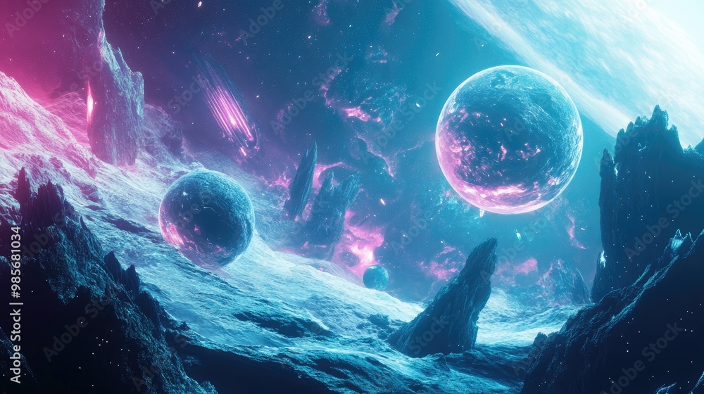 Poster an abstract space scene with glowing planets and futuristic structures, creating a sci-fi ambient fe