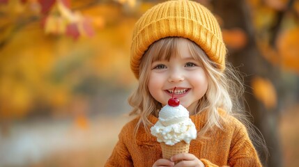 A little girl in an orange sweater and hat happily eats ice cream on a fall day.