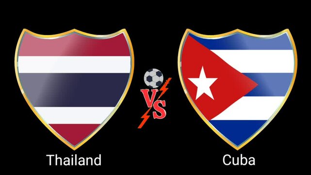 Thailand vs Cuba football soccer match video animation with versus flag symbols in golden silver frame and black background