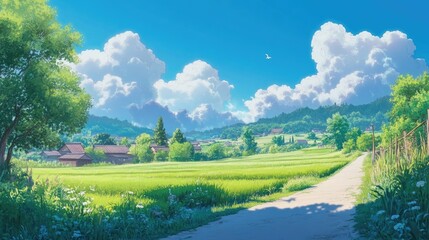 Obraz premium An anime-inspired countryside scene with green fields and a bright blue sky, evoking peaceful and carefree summer vibes.