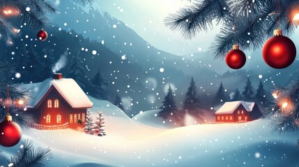 Naklejka premium Weihnachtliches Dekobanner mit WeihnachtshÃ¤user, Weihnachtskugeln, Hintergrund Illustration