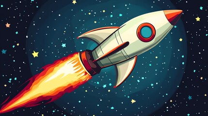 A cartoon rocket blasts off into space with flames and stars.
