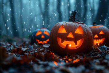Halloween pumpkins glowing in a spooky forest at night