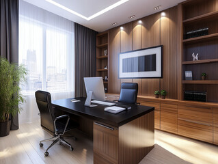 Luxurious executive office with wooden furnishings and leather chair