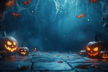 Naklejka premium Spooky halloween pumpkins glowing under cobwebs in a dark forest