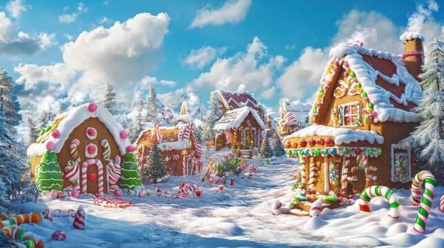 whimsical gingerbread village with colorful candy decor and snowy rooftops festive christmas scene digital painting