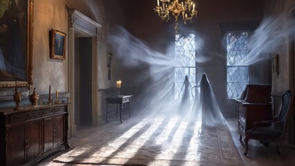 A haunting scene of a ghostly woman in a flowing dress standing in an ornate hallway, with sunlight piercing through misty windows, creating an eerie, supernatural ambiance
