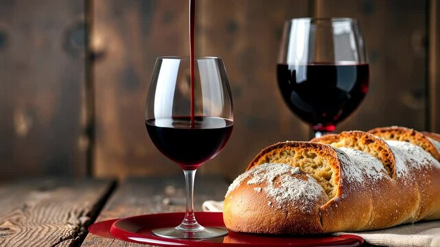 Rich Textured Animation of a Loaf of Bread and a Chalice of Wine on an Old Wooden Table