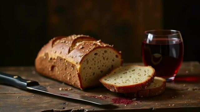 Detailed Close-Up Animation of Bread and Wine on a Wooden Table