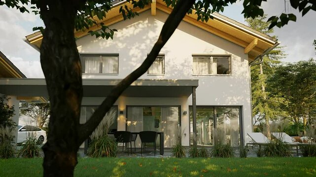 lovely horizontal slide camera move a european attached family home house with trees, large garden, big windows in sunset sunlight atmosphere - CGI Animation